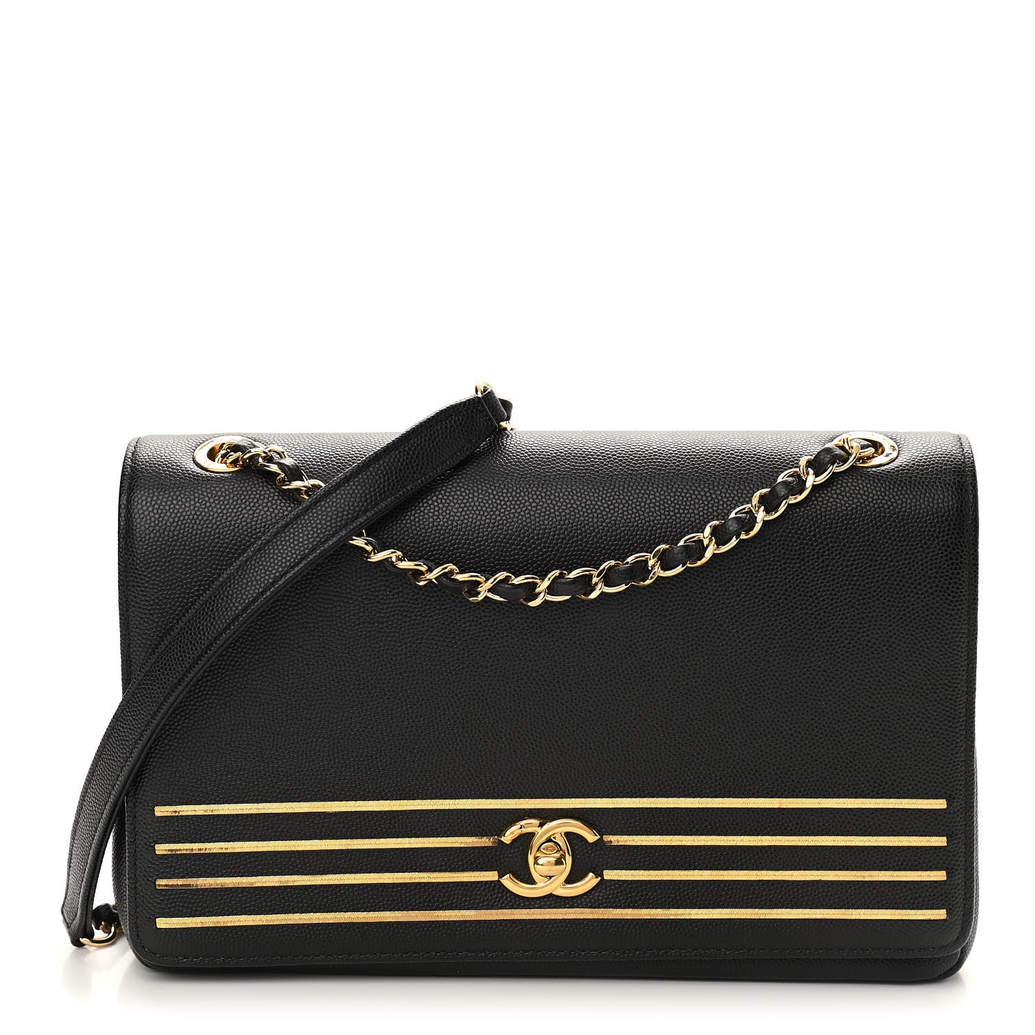 Chanel Grained Calfskin Embroidered Captain Gold Flap Bag Black 1 of 10