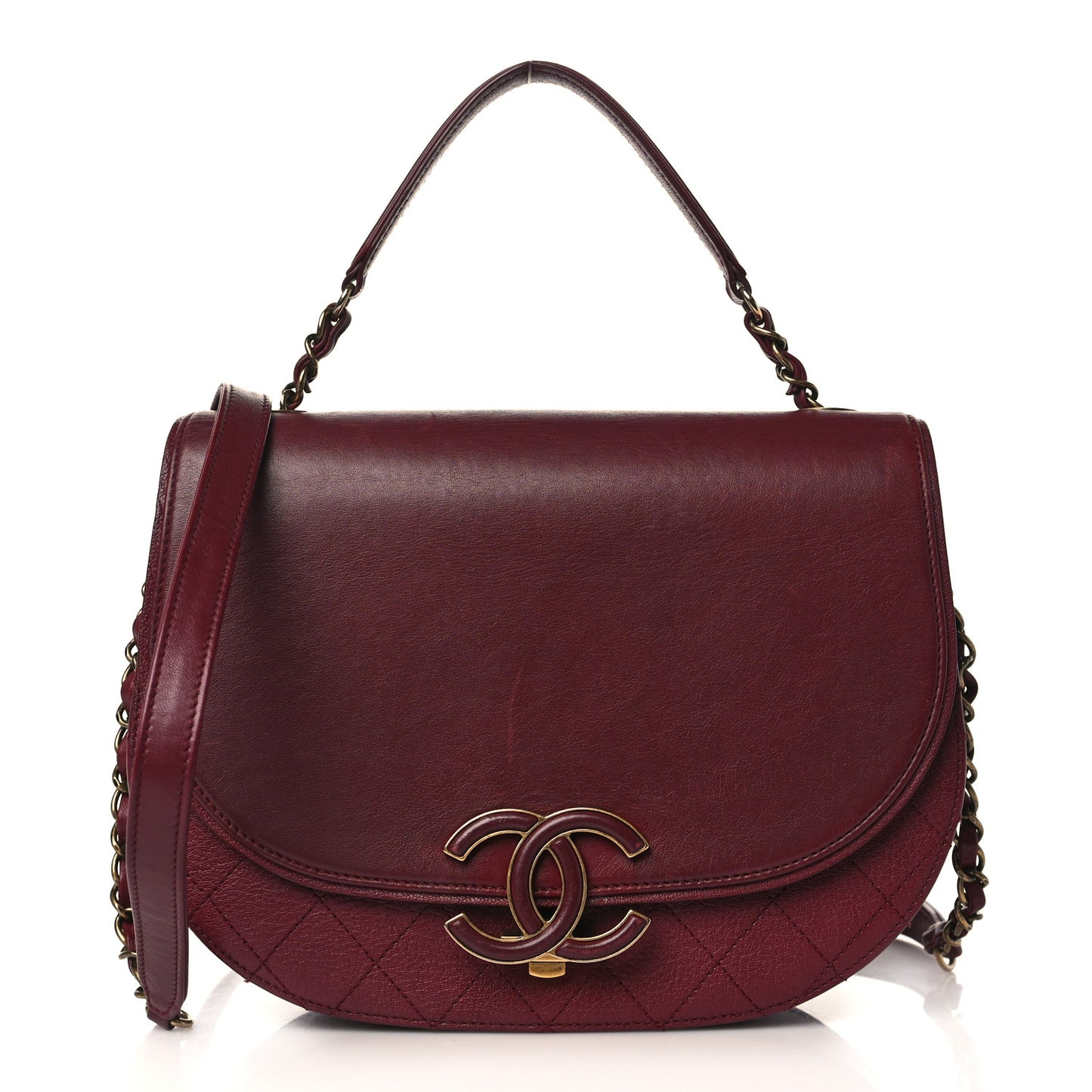 Shiny Calfskin Goatskin Quilted Medium Coco Curve Messenger Flap Burgundy