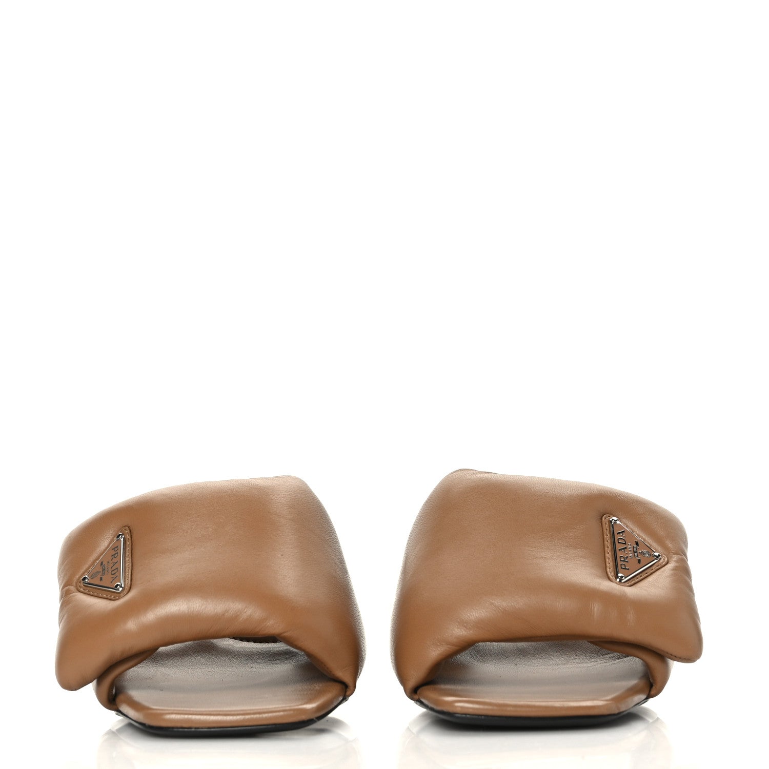 Prada Nappa Soft Padded Metal Triangle Logo 65mm Slide Sandals 40 Caramel 2 of 7