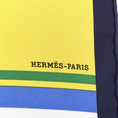 Hermes Silk Cheval A La Couverture Pocket Square Scarf Jaune Vif Marine 2 of 5