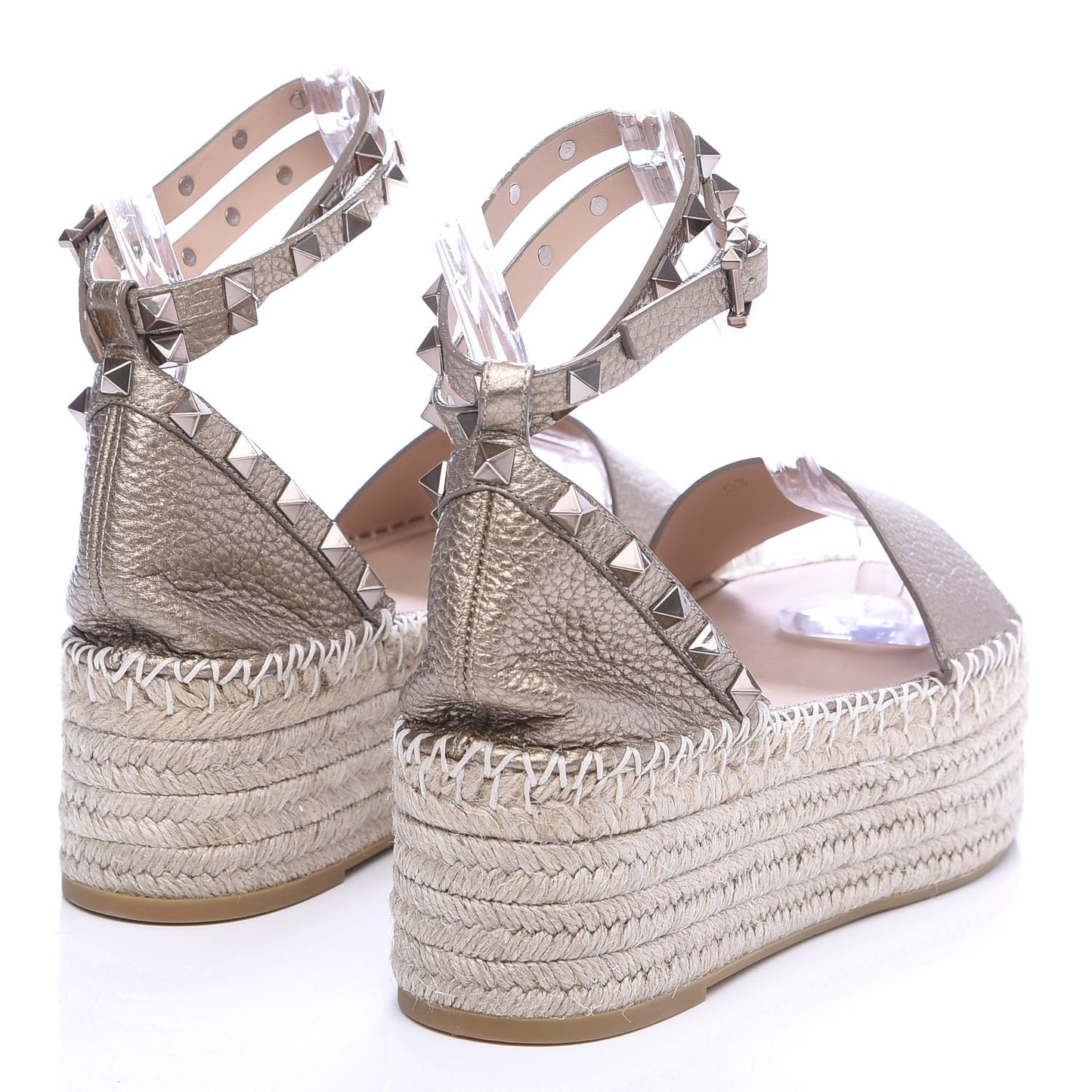 Metallic Grained Calfskin Rockstud Ankle Wrap Espadrille Flatform Sandals 37 Skin Natural