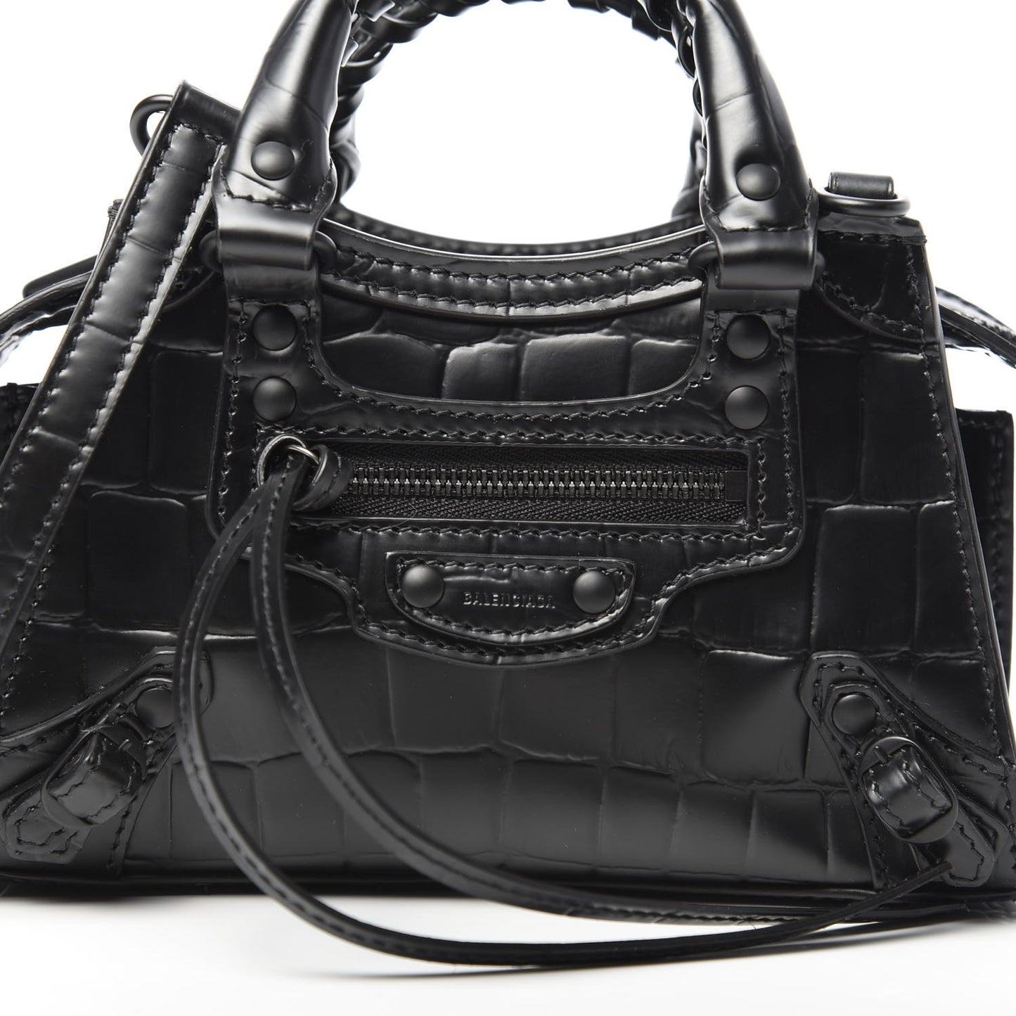 Semi Shiny Calfskin Crocodile Embossed Neo Classic Black Hardware Nano City Crossbody Black
