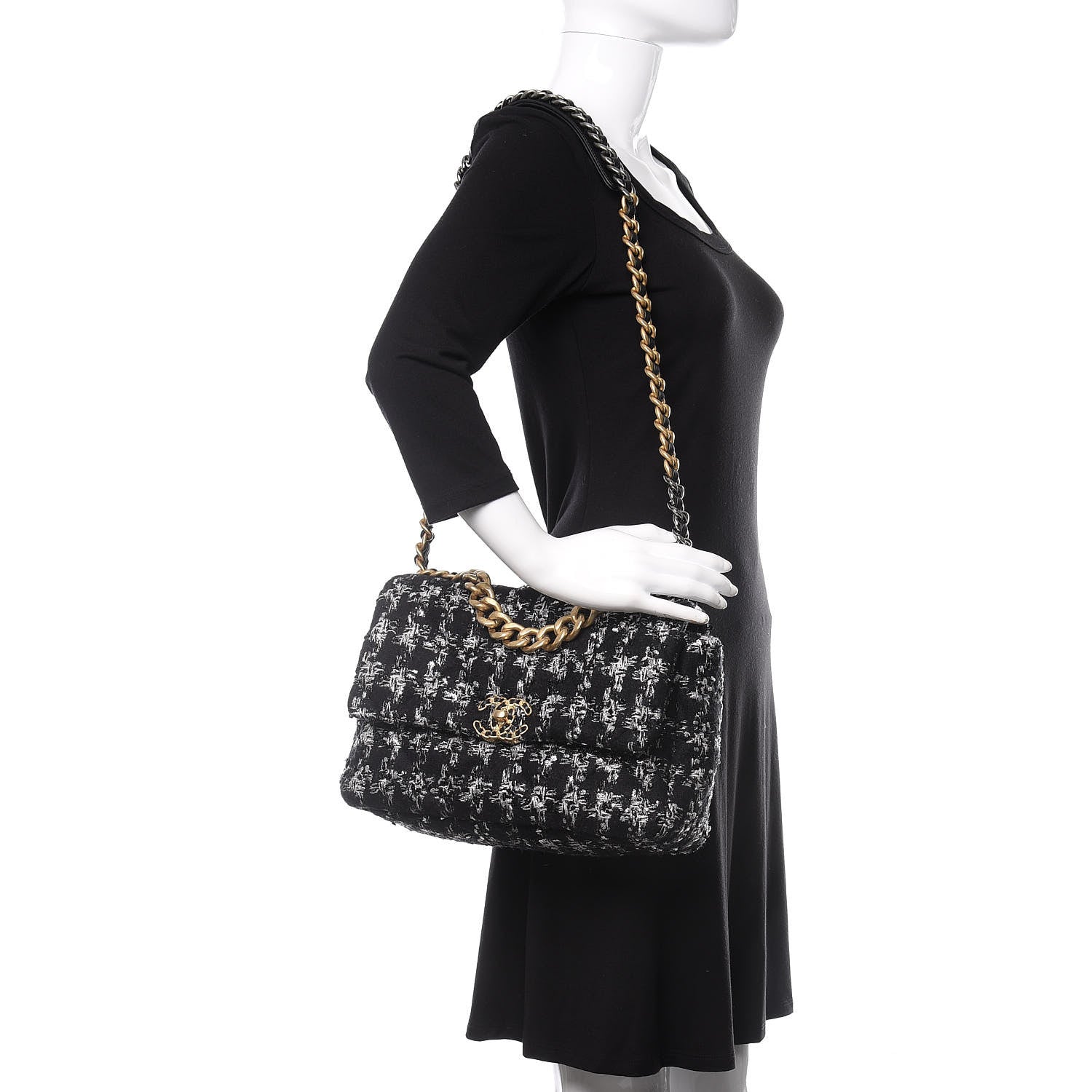 Chanel Tweed Quilted Large 19 Flap Black Ecru White 2 of 10