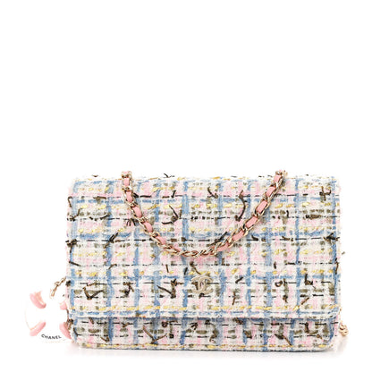 Chanel Tweed Quilted Wallet On Chain WOC Blue Pink Gold 1 of 12