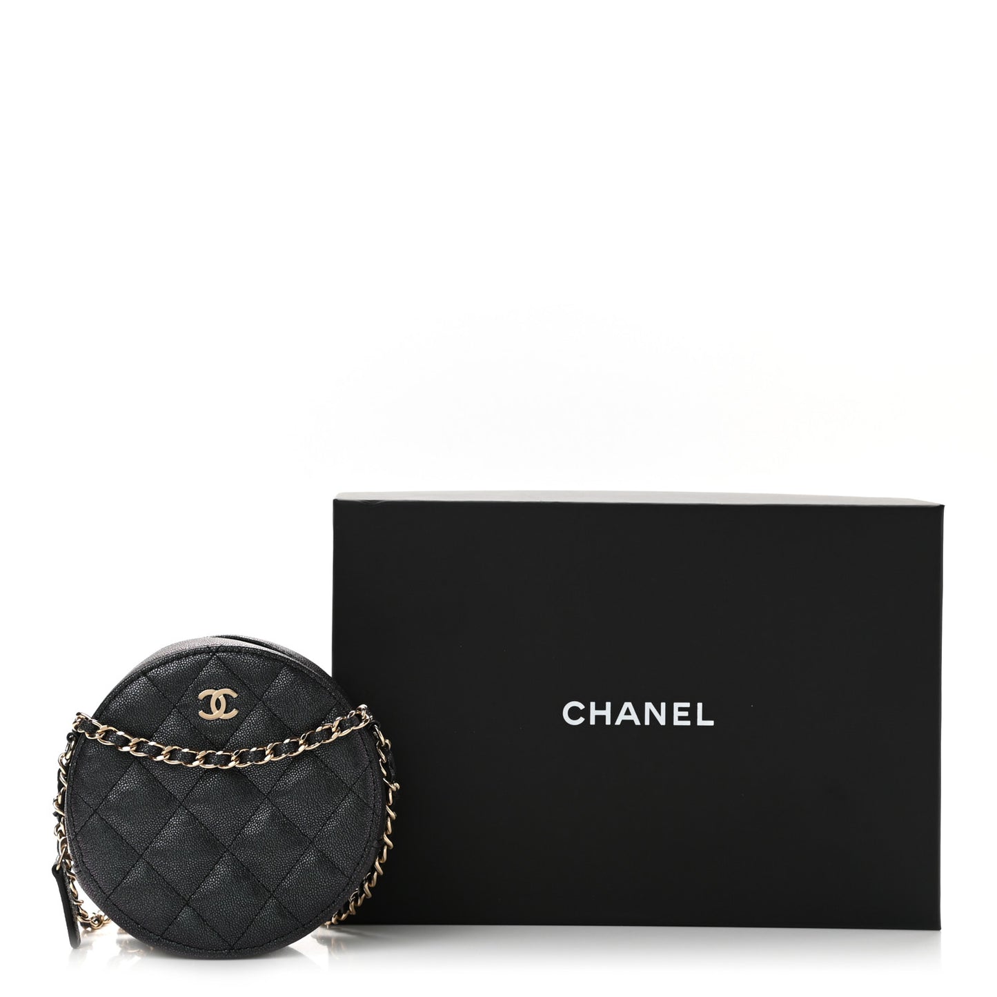 Iridescent Caviar Quilted Round Clutch With Chain Black