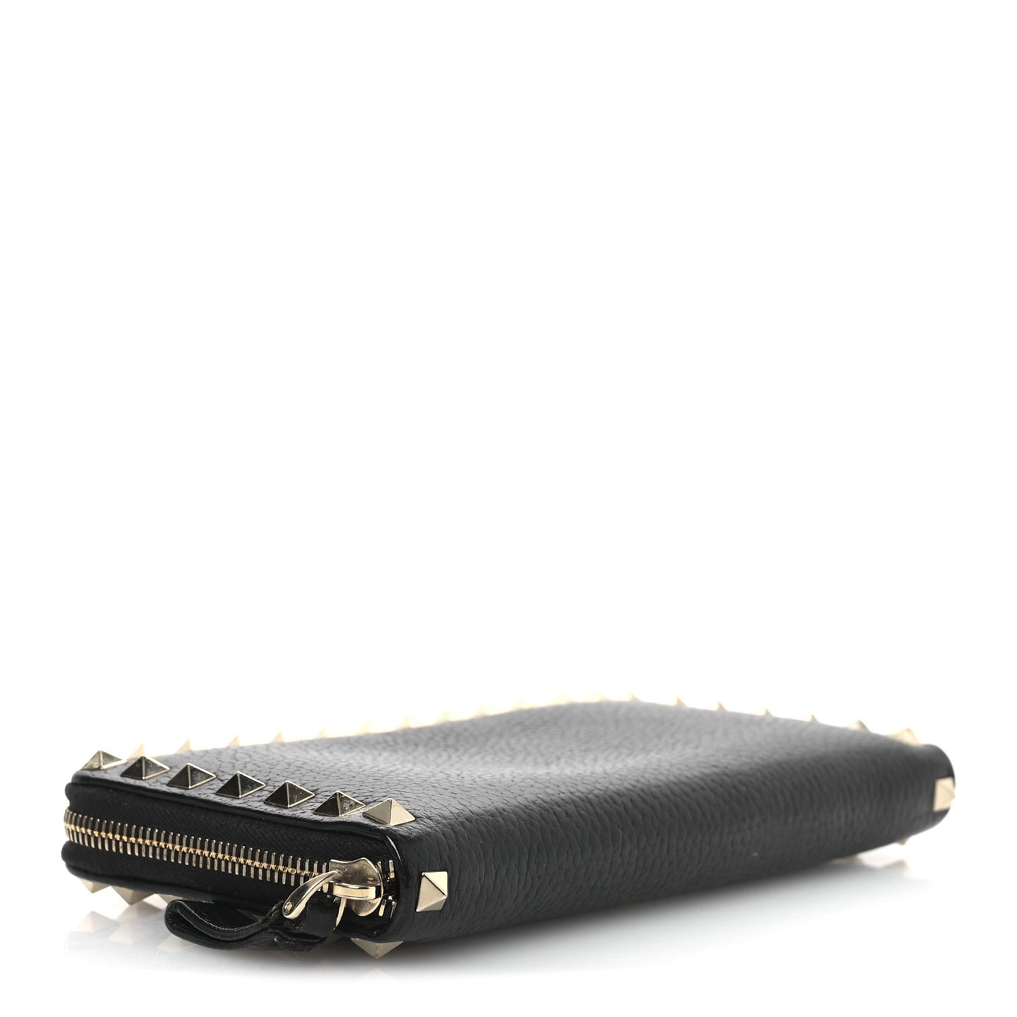 Pebbled Calfskin Rockstud Zip Around Wallet Black