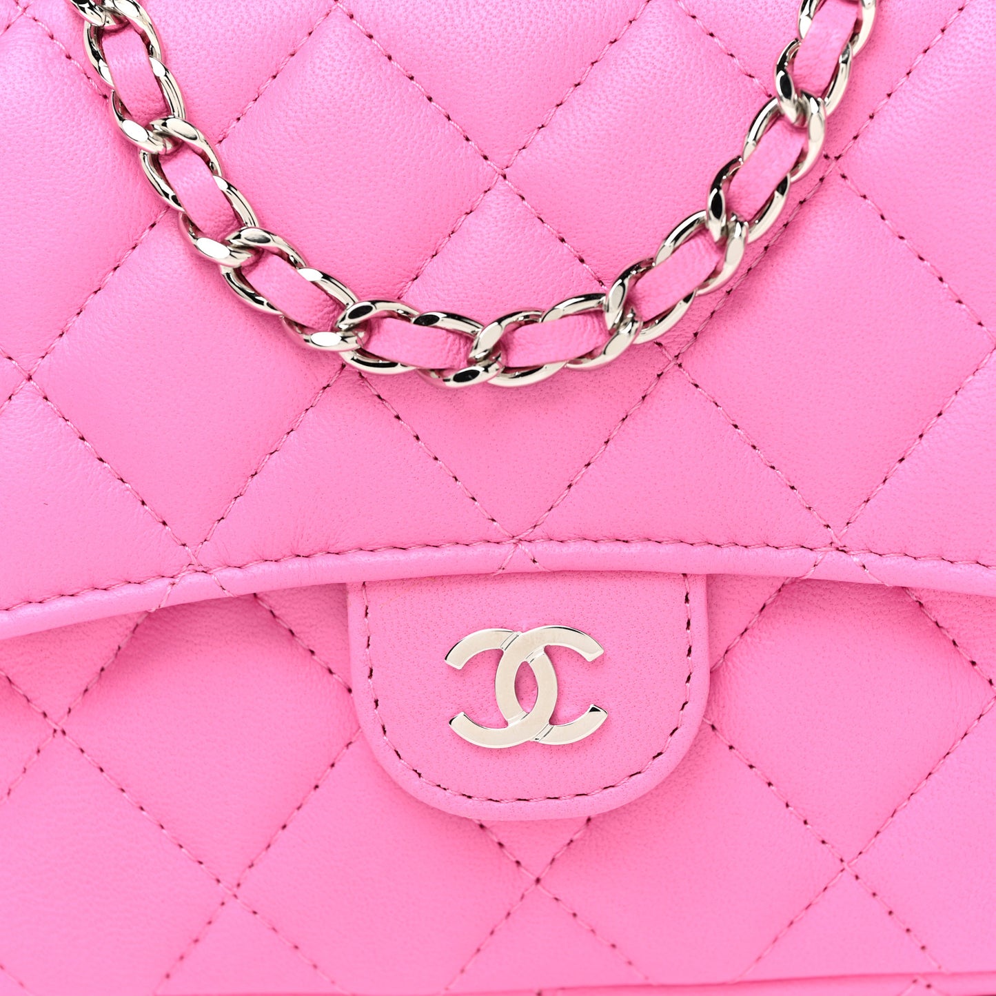 Lambskin Quilted Flap Phone Holder With Chain Neon Pink