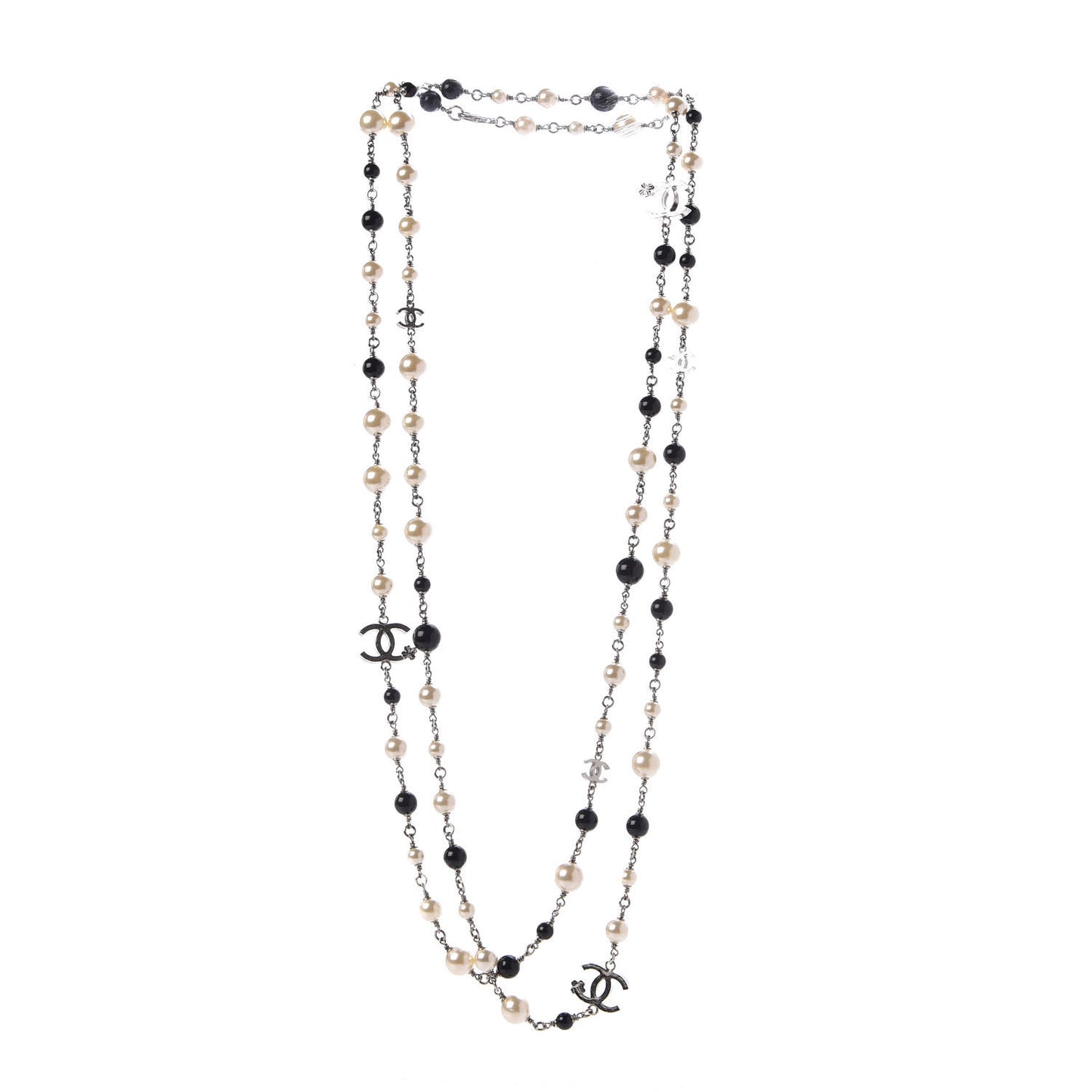 Pearl Bead Enamel CC Long Necklace Black Gold