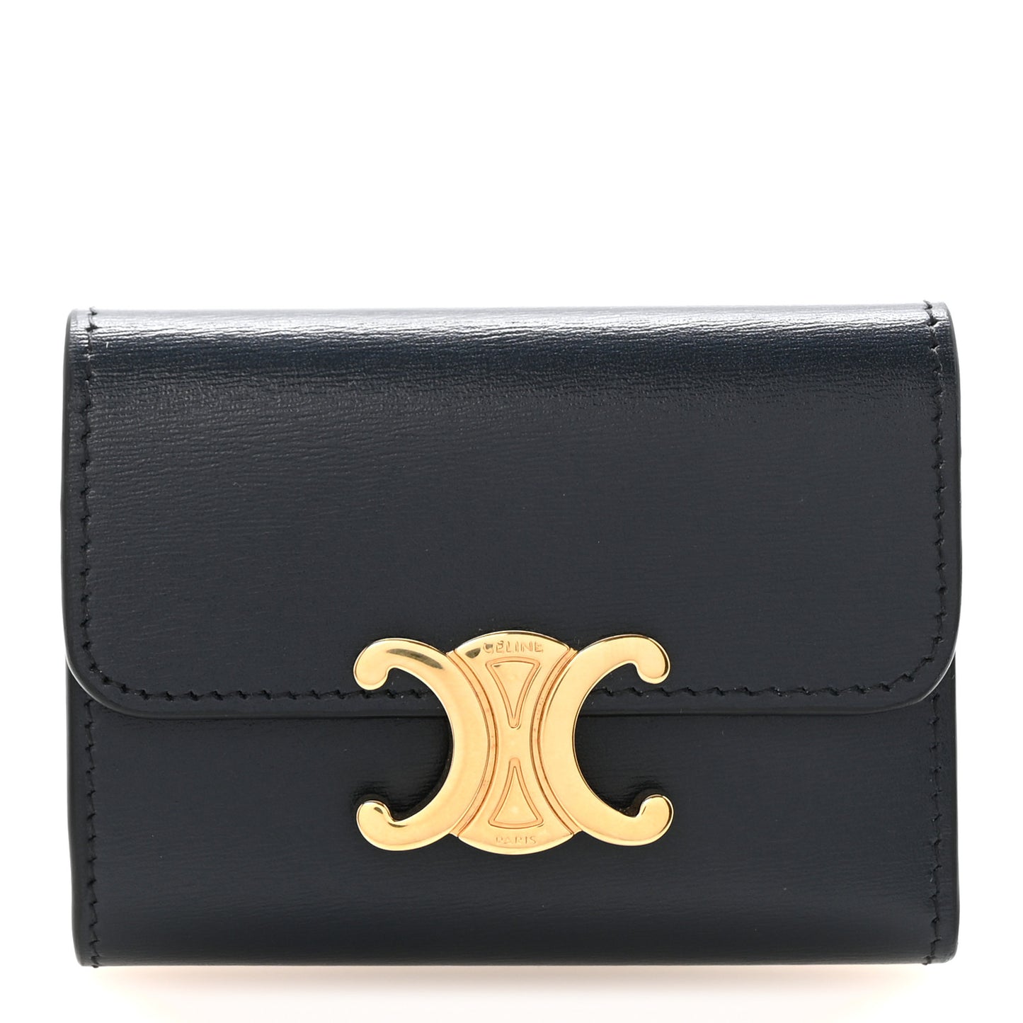 Shiny Calfskin Compact Triomphe Wallet With Coin Purse Navy Blue