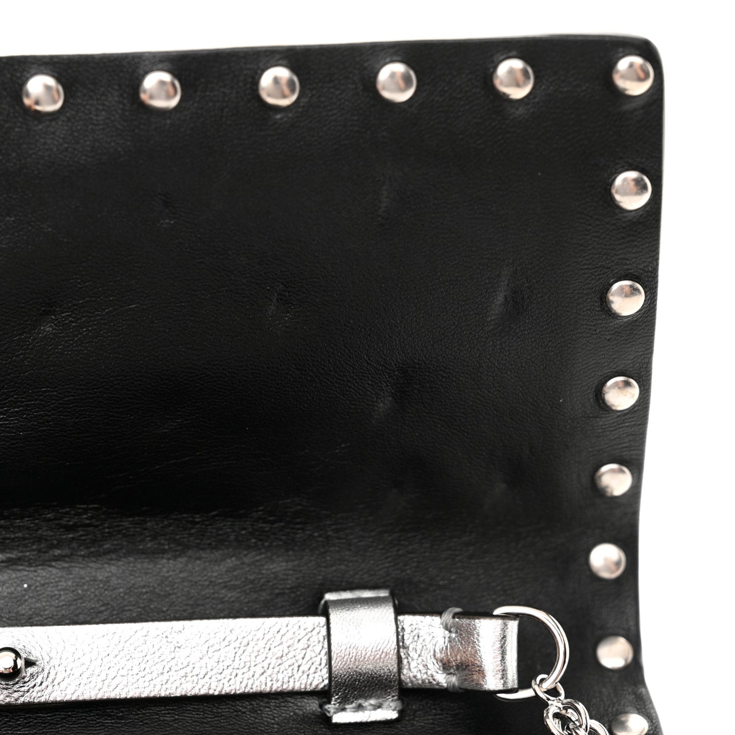 Metallic Lambskin Rockstud Spike Wallet on Chain Silver
