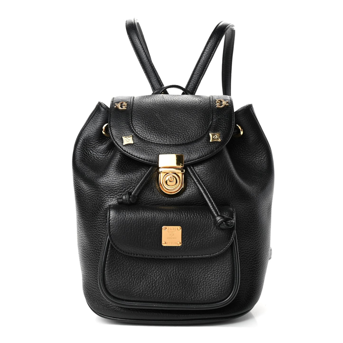 Grained Calfskin Studded Drawstring Backpack Black