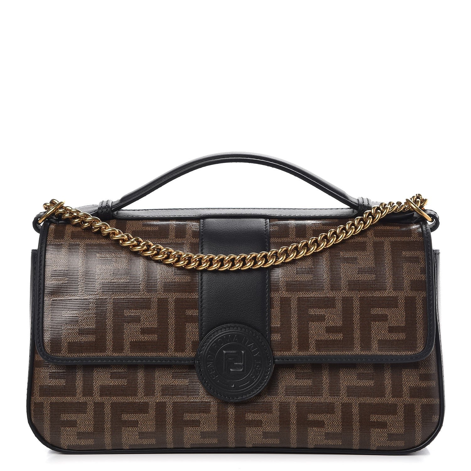 Fendi Vitello Grace Glazed Fabric FF 1974 Double F Shoulder Bag Black Mogano Panna 1 of 8