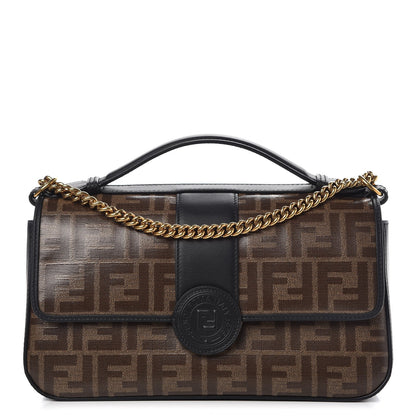 Fendi Vitello Grace Glazed Fabric FF 1974 Double F Shoulder Bag Black Mogano Panna 1 of 8