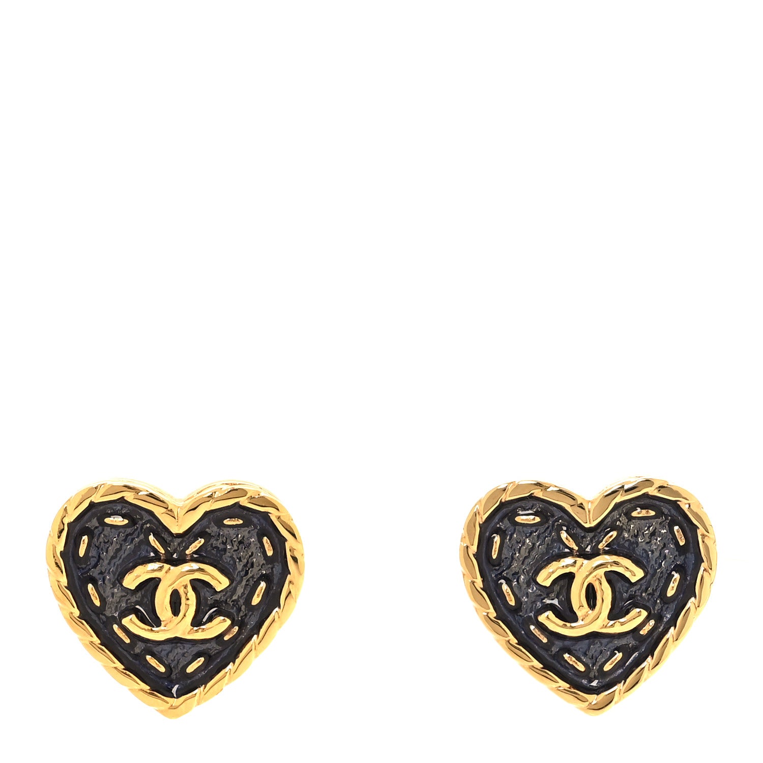Chanel Metal Enamel CC Denim Heart Earrings Gold Blue 1 of 5