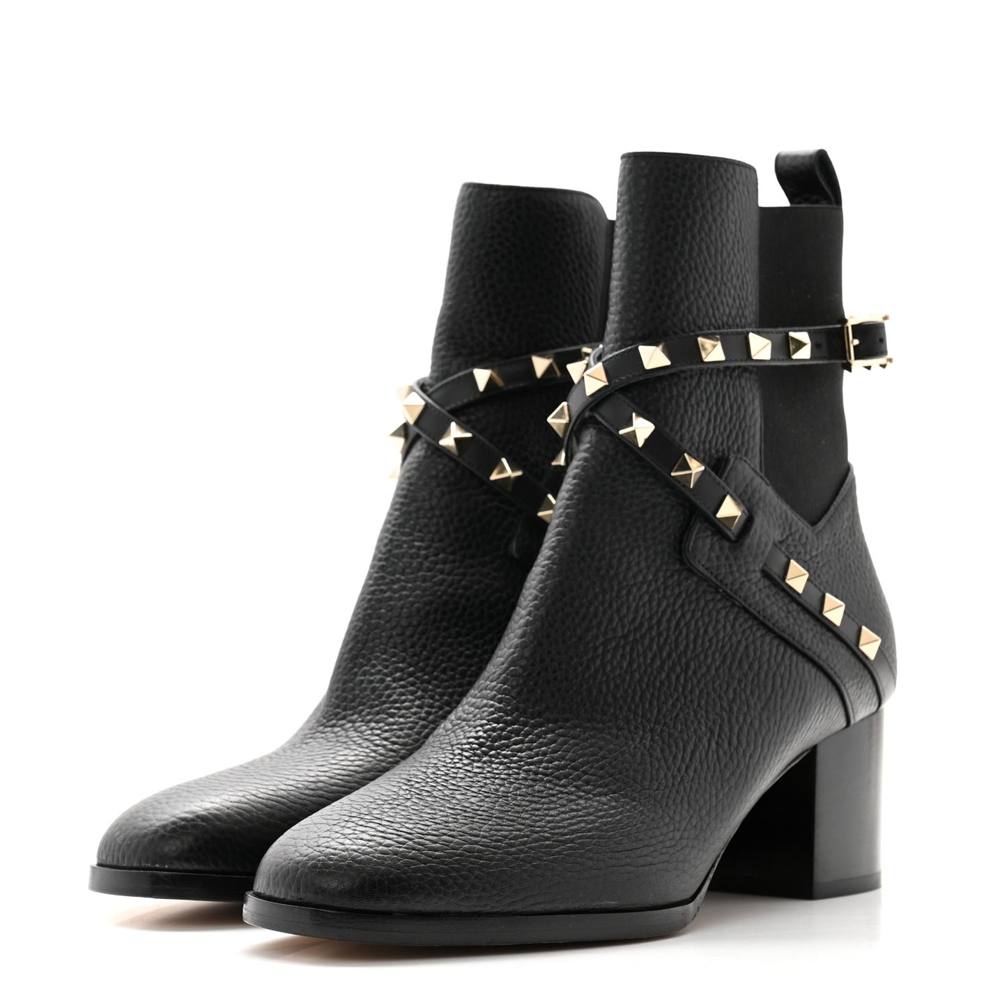 Pebbled Calfskin Rockstud Double Buckle 70mm Block Heel Ankle Boots 38.5 Black