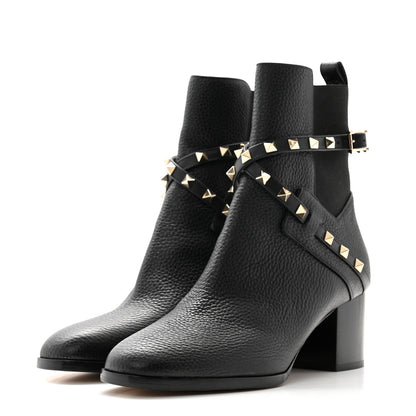 Valentino Garavani Pebbled Calfskin Rockstud Double Buckle 70mm Block Heel Ankle Boots 38.5 Black 3 of 9
