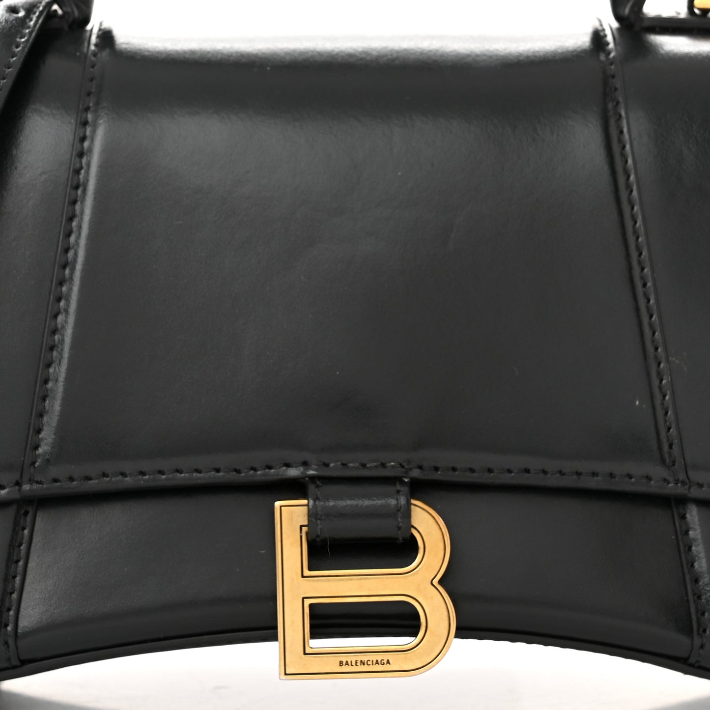Shiny Box Calfskin Small Hourglass Top Handle Bag Black