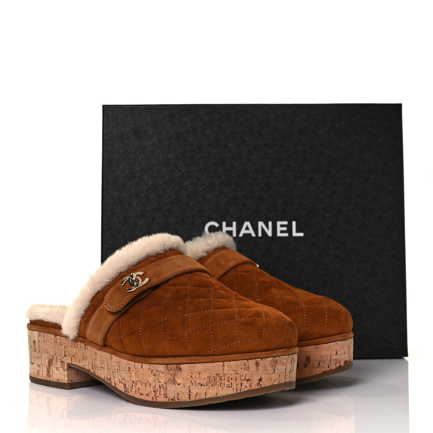 Suede Calfskin Shearling Turn Lock Clogs 40 Brown