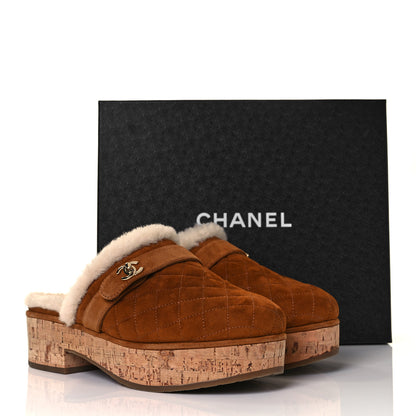 Chanel Suede Calfskin Shearling Turn Lock Clogs 40 Brown 9 of 9