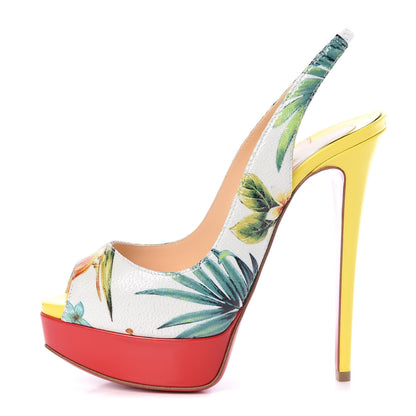 Christian Louboutin Crackled Calfskin Patent Hawaii Print Lady Peep Sling 150 Pumps 36 Version White 1 of 10