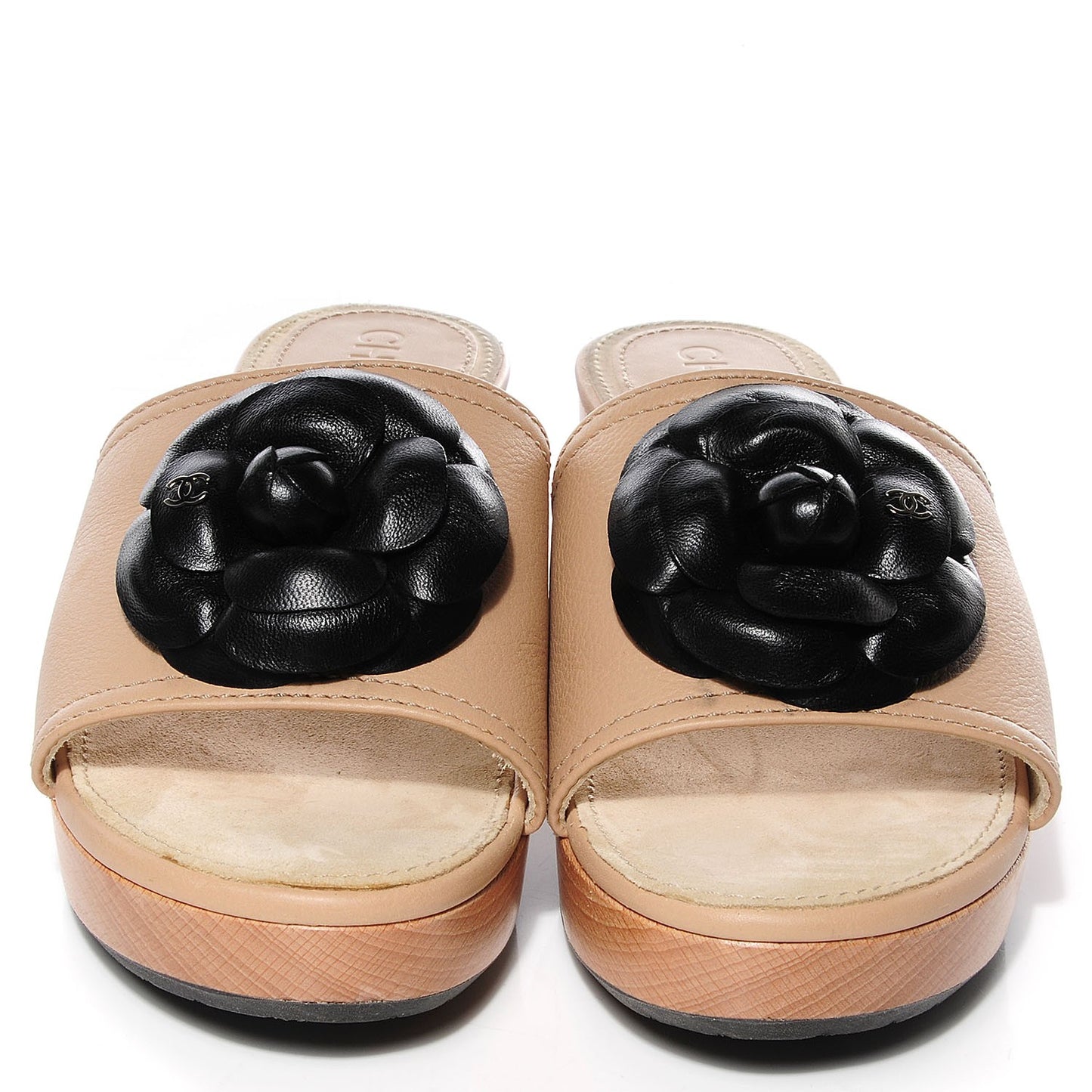 Leather Camellia Mules 38 Beige Black