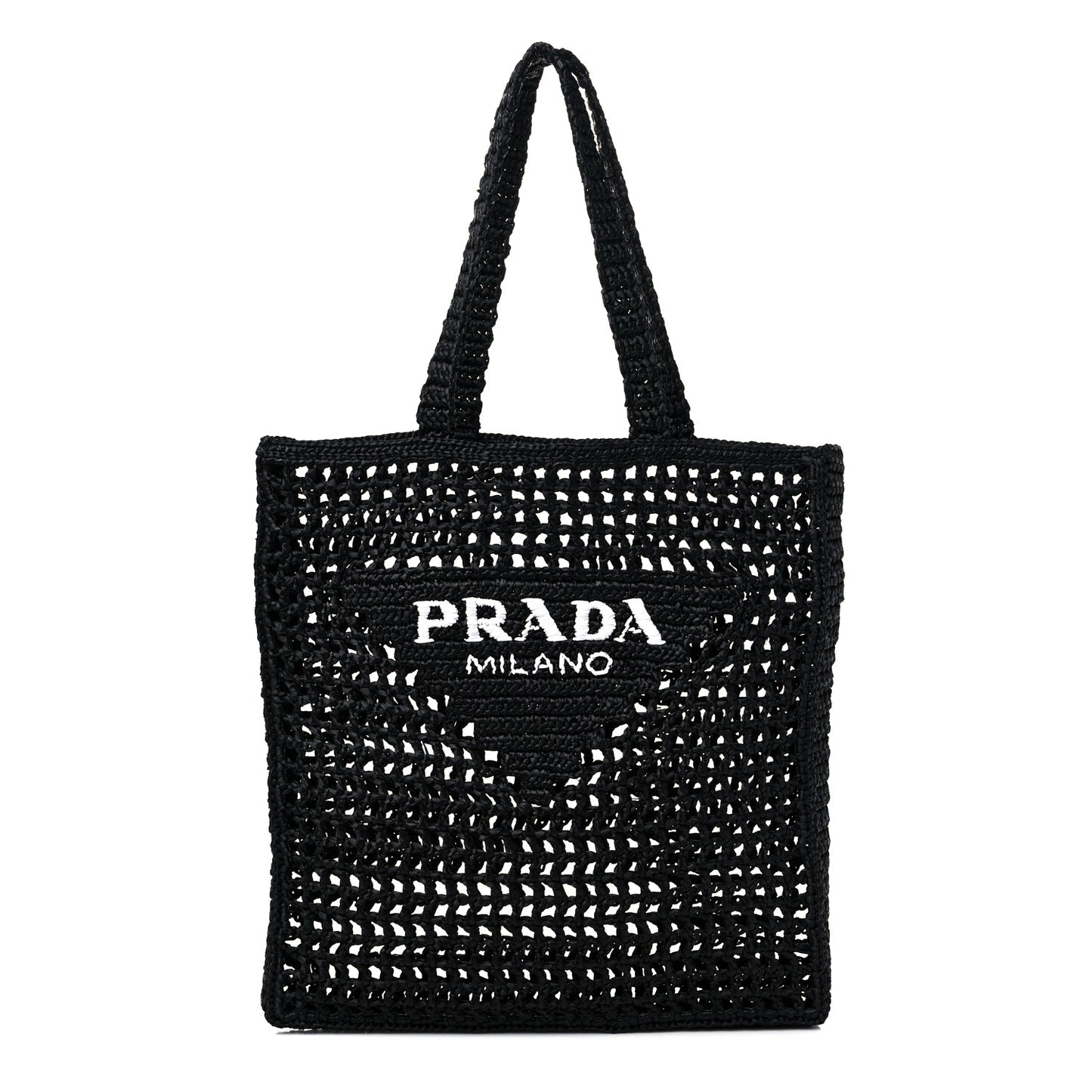 Yarn Raffia Effect Crochet Logo Embroidered Tote Bag Black