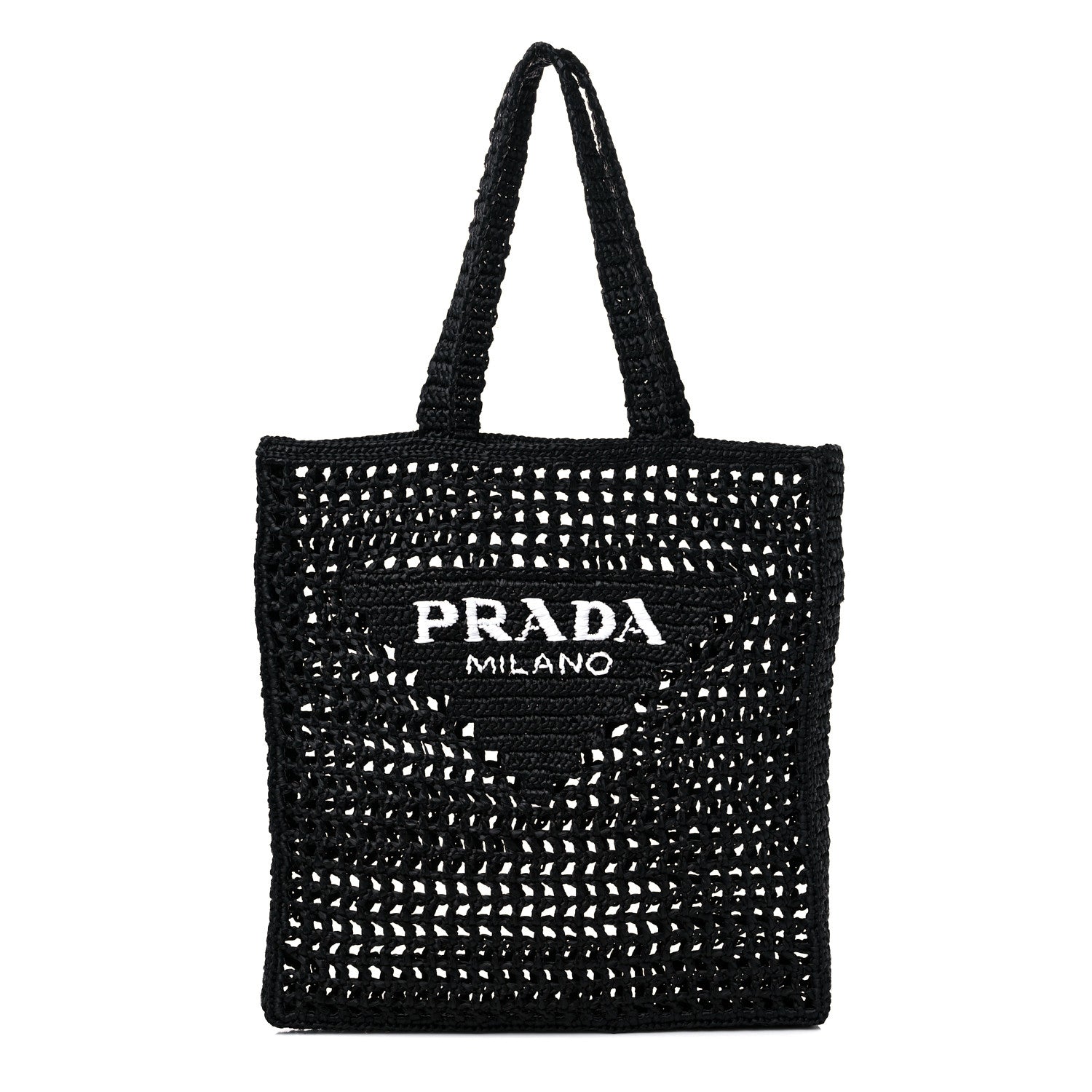 Prada Yarn Raffia Effect Crochet Logo Embroidered Tote Bag Black 1 of 8
