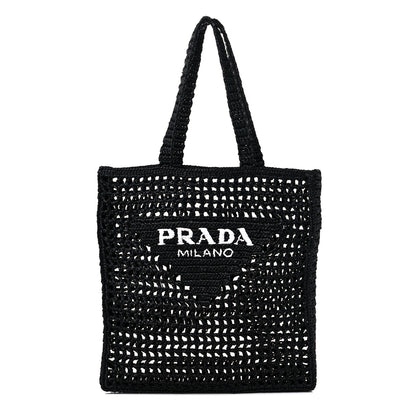 Prada Yarn Raffia Effect Crochet Logo Embroidered Tote Bag Black 1 of 8