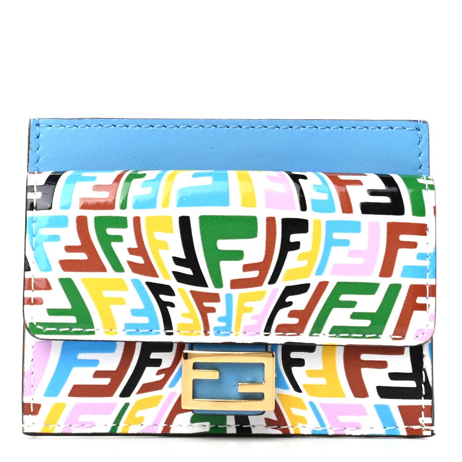 Fendi X SARAH COLEMAN Vitello Liberty Ceylon Micro FF Fish Eye Embossed Fold Over Card Holder Wallet Multicolor Cyber Blue 1 of 8