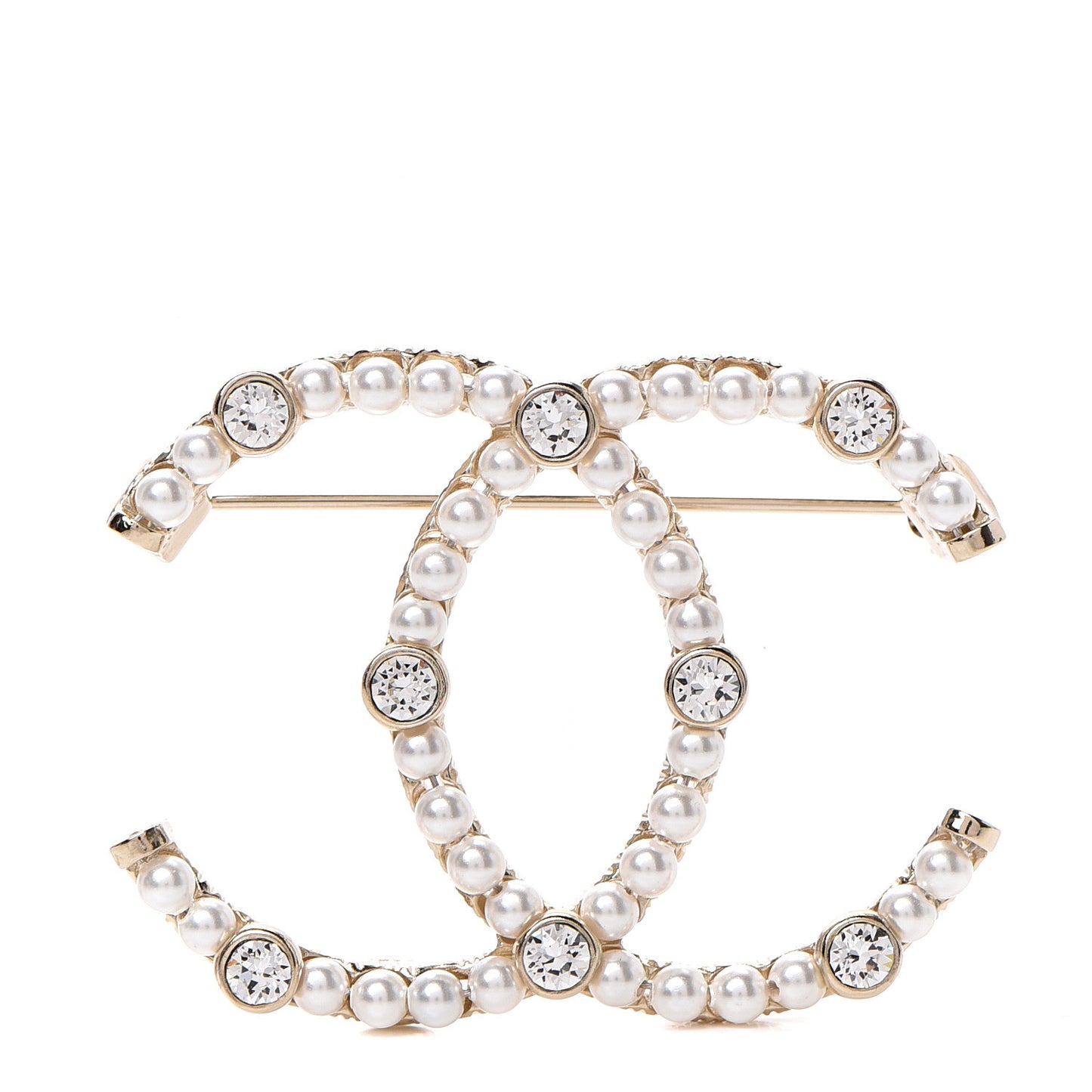 Pearl Crystal CC Brooch Gold