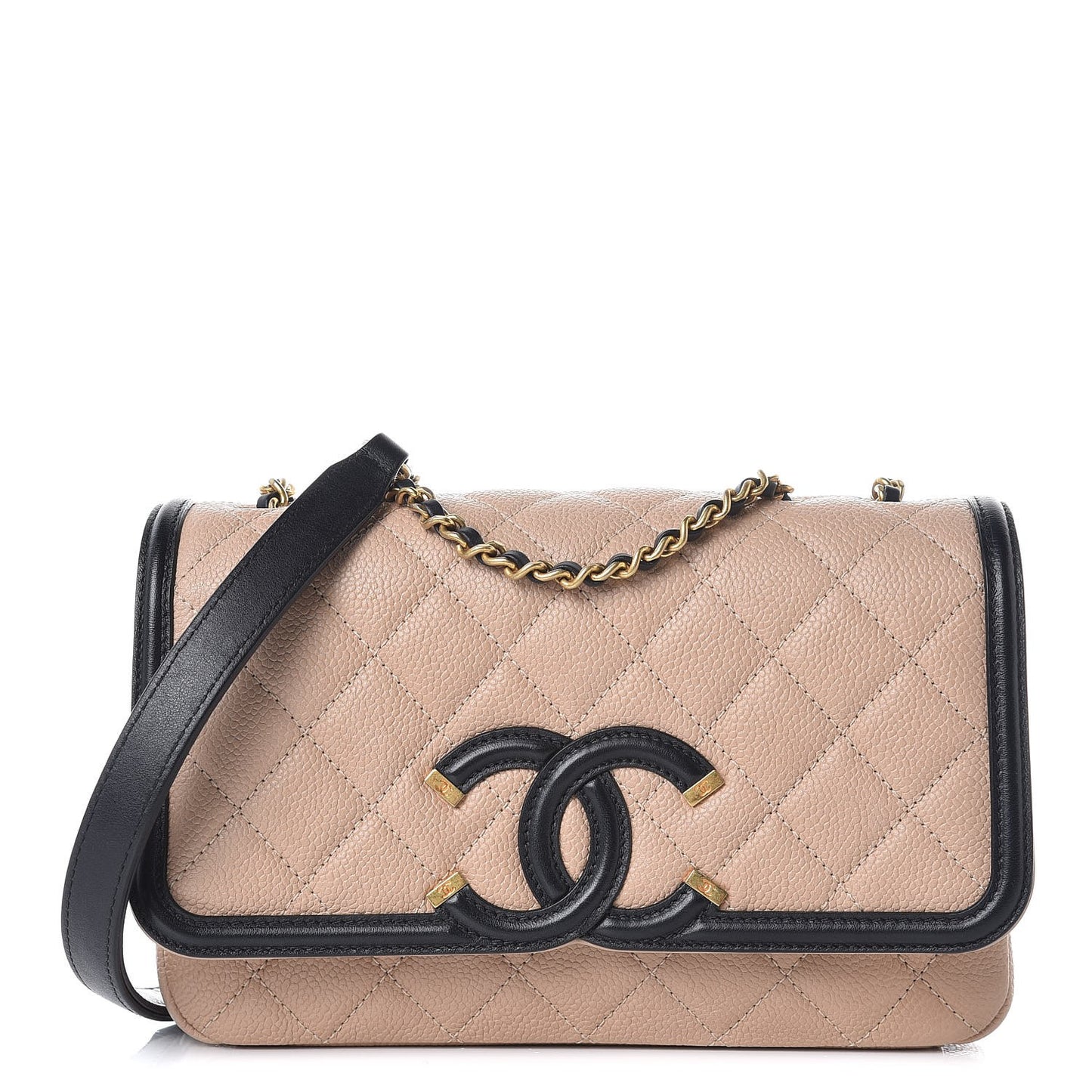 Caviar Quilted Small CC Filigree Flap Beige Black