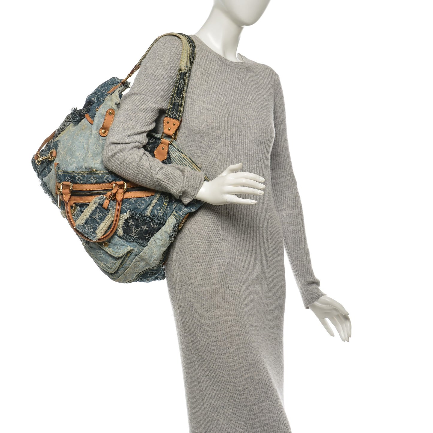 Denim Patchwork Cabby Tote Blue