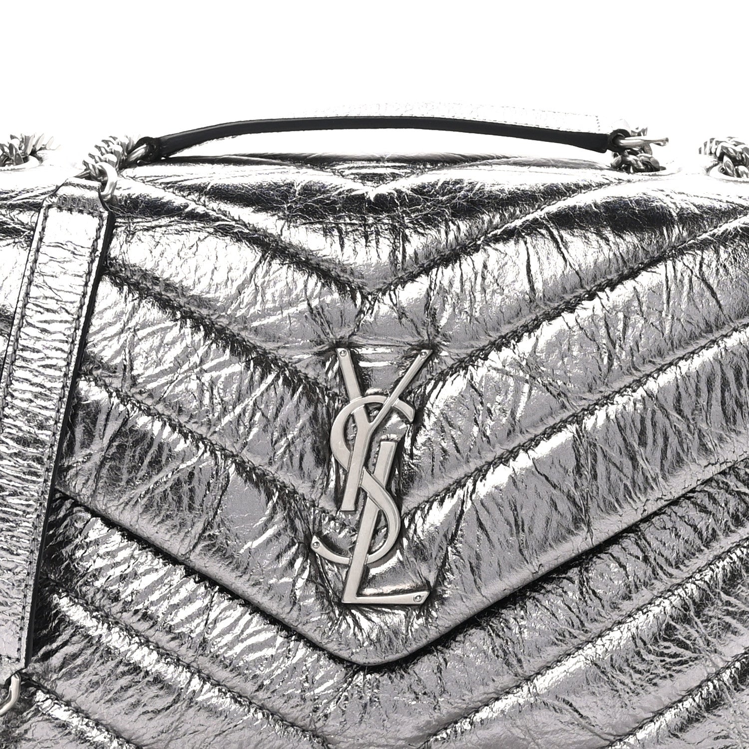 Saint Laurent Metallic Calfskin Y Quilted Monogram Small Loulou Chain Satchel Acciaio 9 of 11