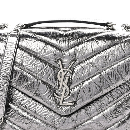 Saint Laurent Metallic Calfskin Y Quilted Monogram Small Loulou Chain Satchel Acciaio 9 of 11