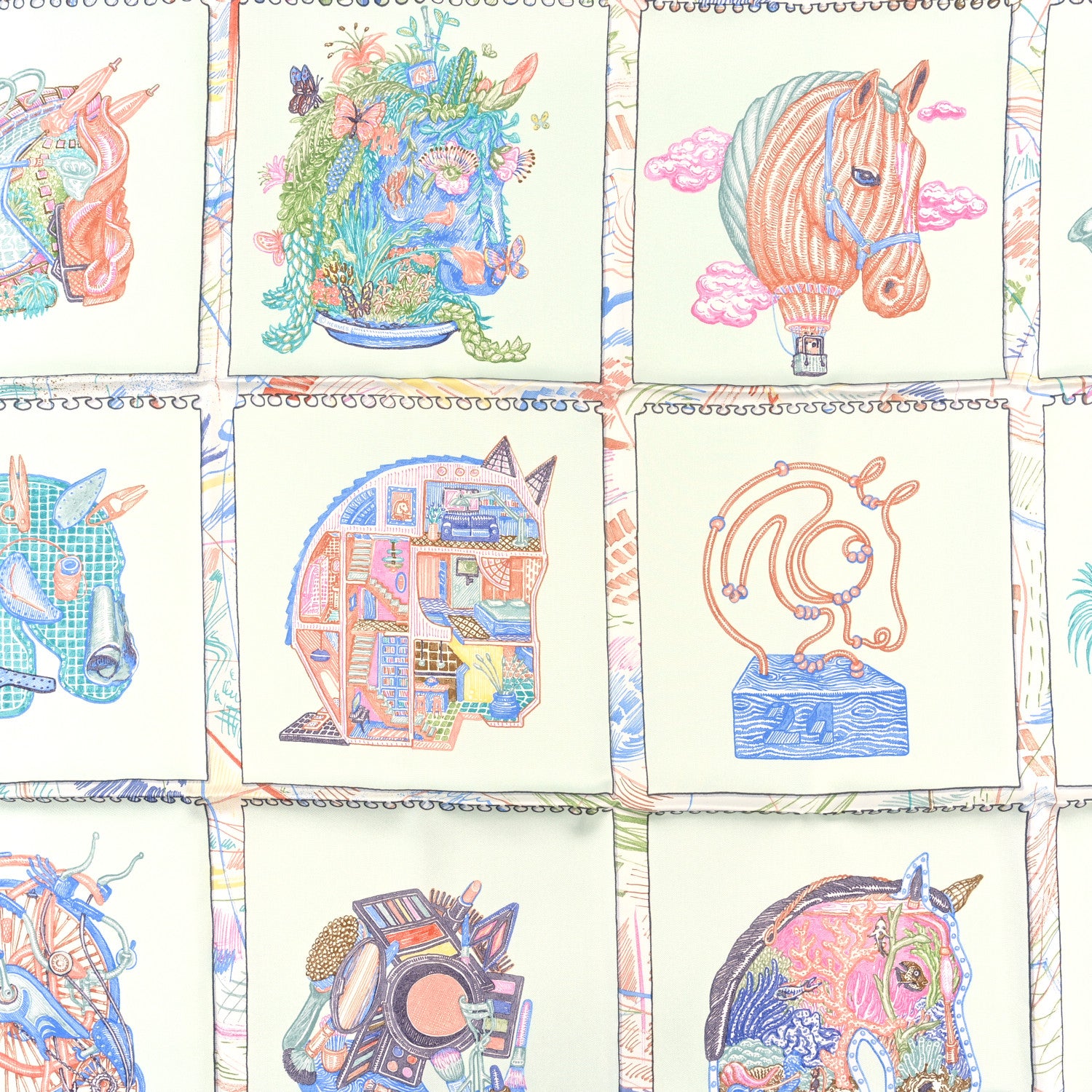 Hermes Silk Chevaloscope Scarf 90 Vert D'eau Corail Bleu 2 of 5