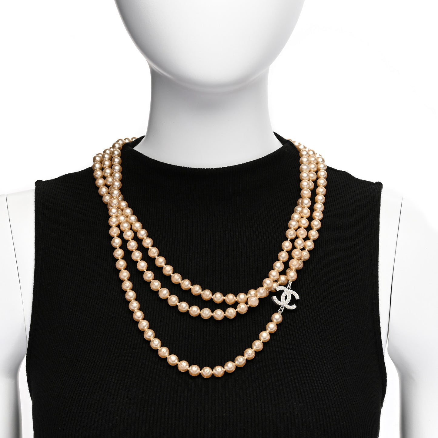 Crystal Pearl CC Long Necklace Silver