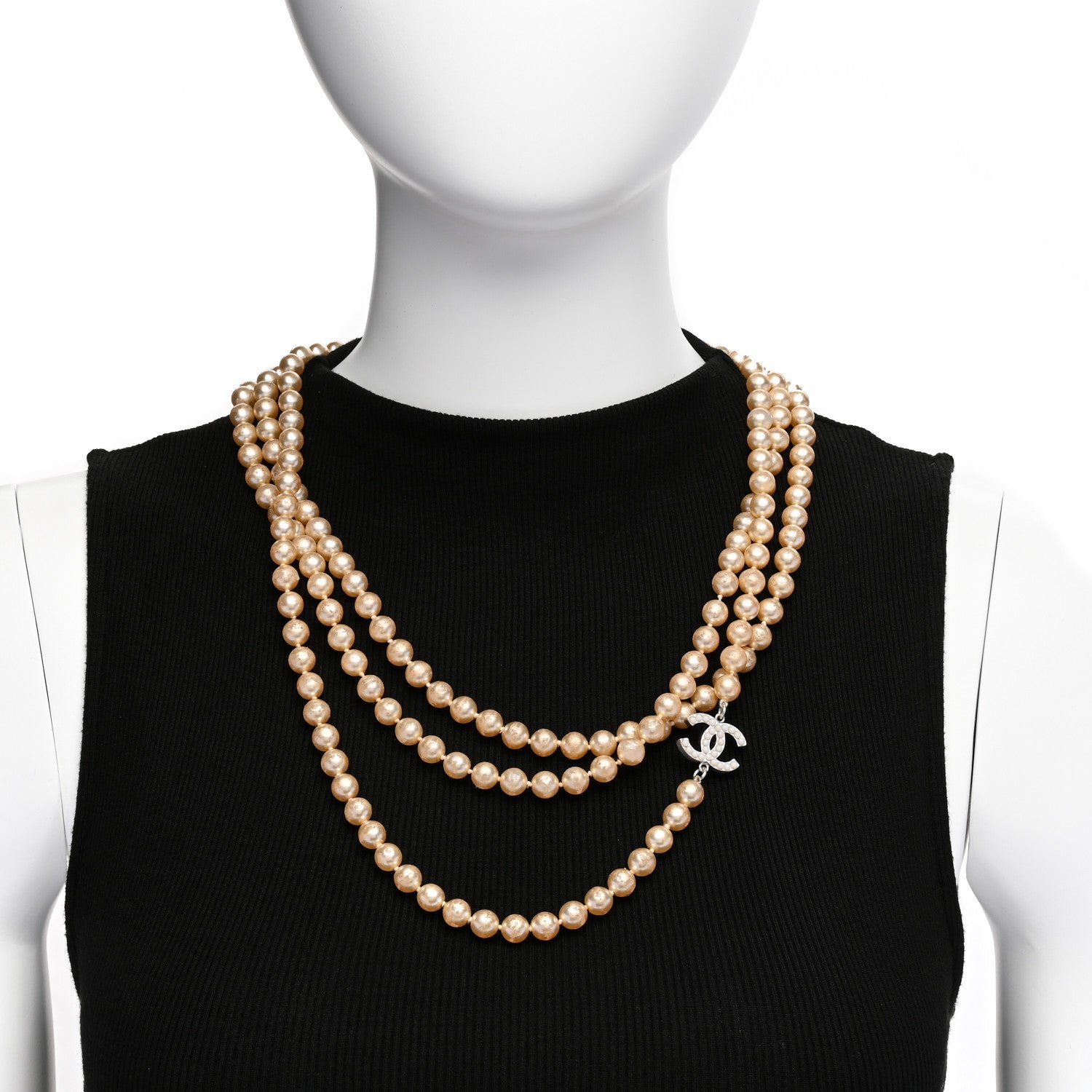 Chanel Crystal Pearl CC Long Necklace Silver 2 of 5