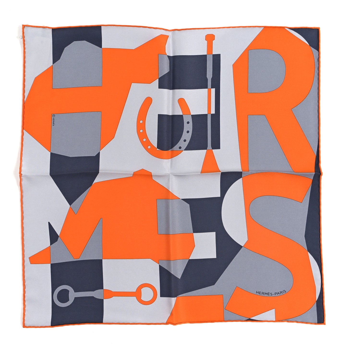 Silk Vintage Her-Mes Pocket Square Gris Pale Orange Gris