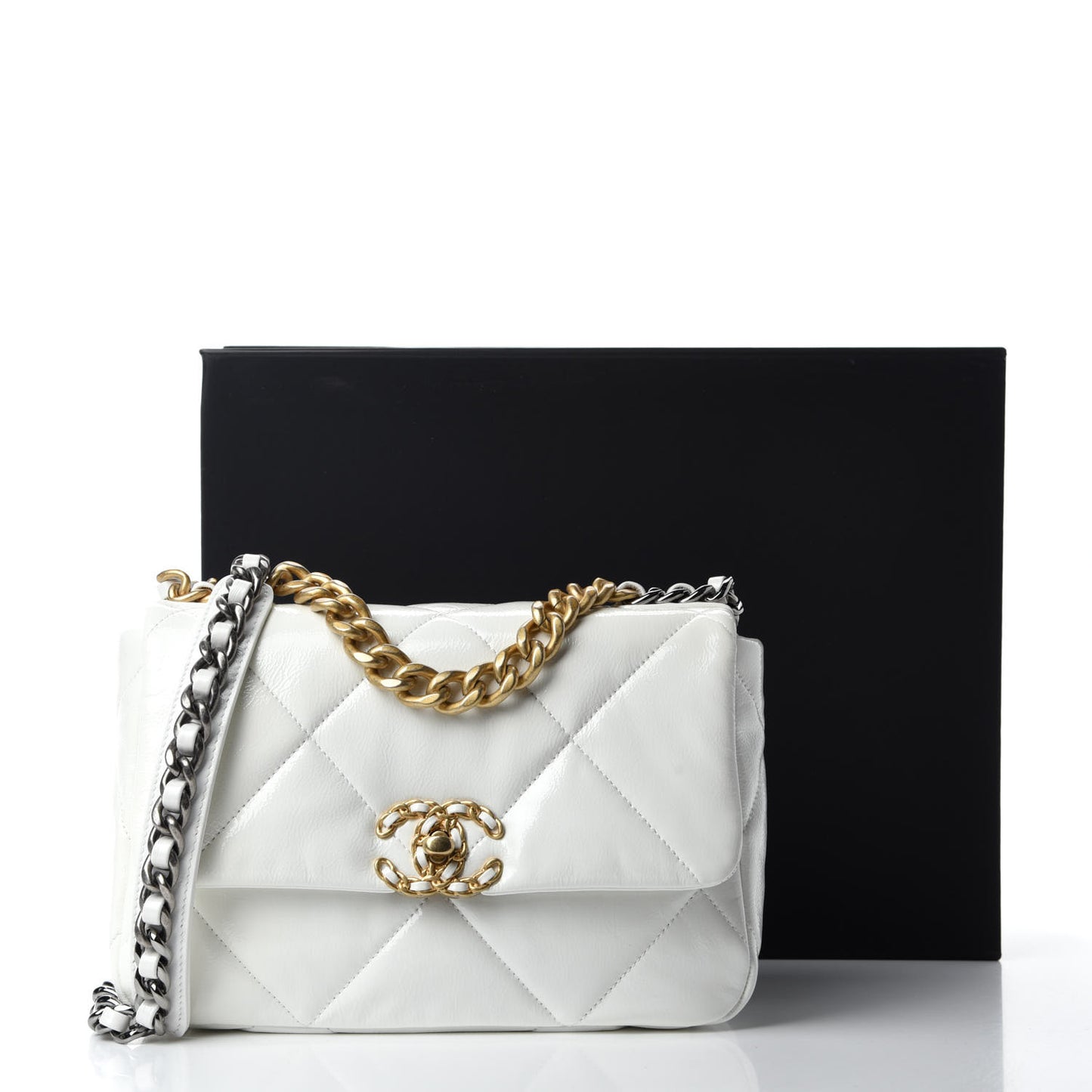 Shiny Crumpled Calfskin Quilted Medium Chanel 19 Flap White