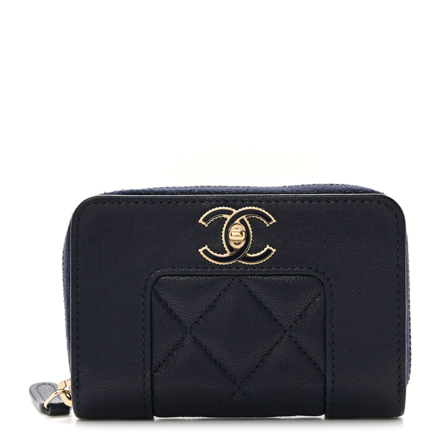 Chanel Sheepskin Quilted Vintage Mademoiselle Zip Coin Purse Navy Blue 1 of 8