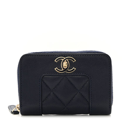 Chanel Sheepskin Quilted Vintage Mademoiselle Zip Coin Purse Navy Blue 1 of 8
