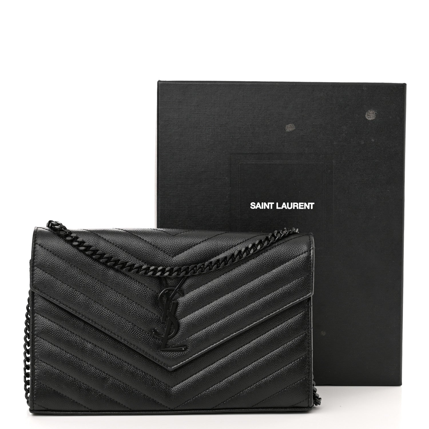 Saint Laurent Grain De Poudre Matelasse Chevron Monogram Monochrome Chain Wallet Black 11 of 11