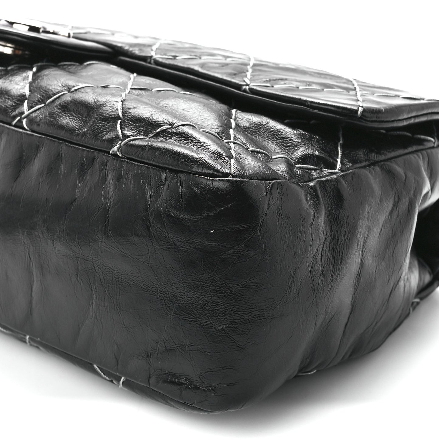 Glazed Goatskin Double Contrast Stitch Flap Black
