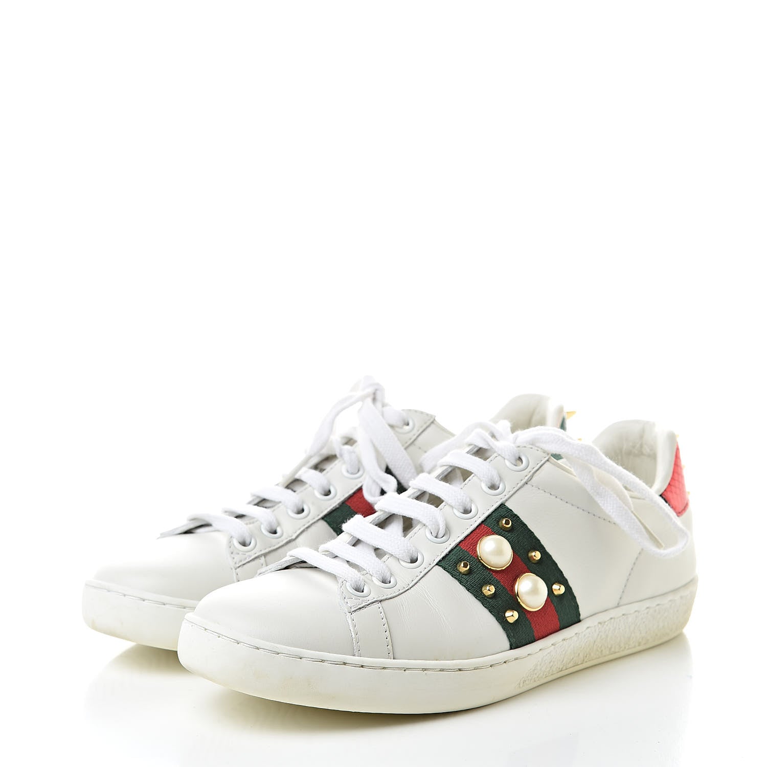 Gucci Calfskin Web Pearl Studded Womens Ace Sneakers 35 White 3 of 9
