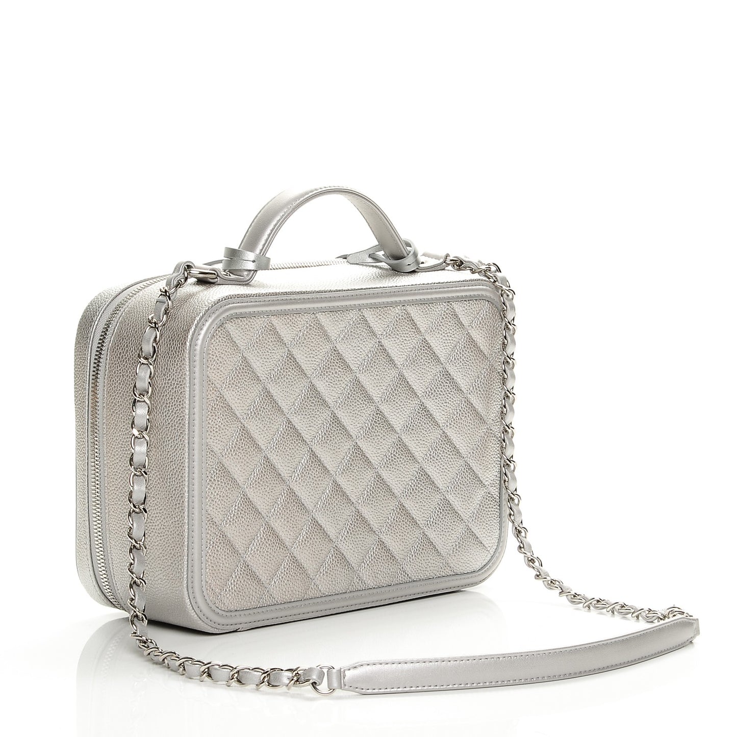 Metallic Caviar Quilted Large CC Filigree Vanity Case Silver