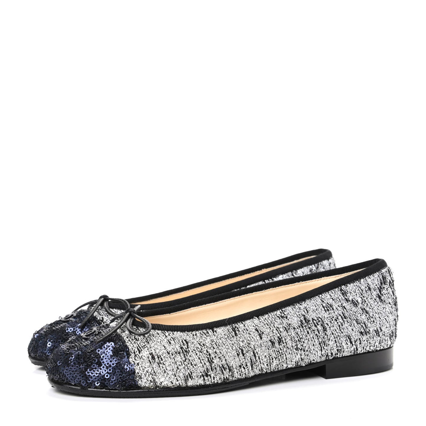 Tweed Sequin Cap Toe Ballerina Flats 36.5 Black Blue