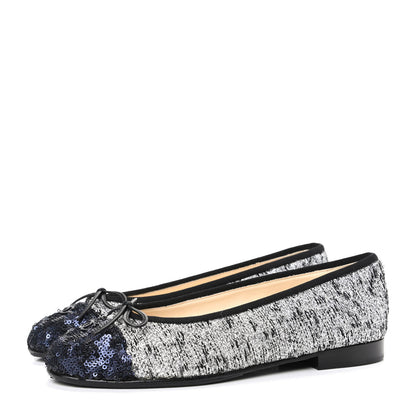 Chanel Tweed Sequin Cap Toe Ballerina Flats 36.5 Black Blue 3 of 11