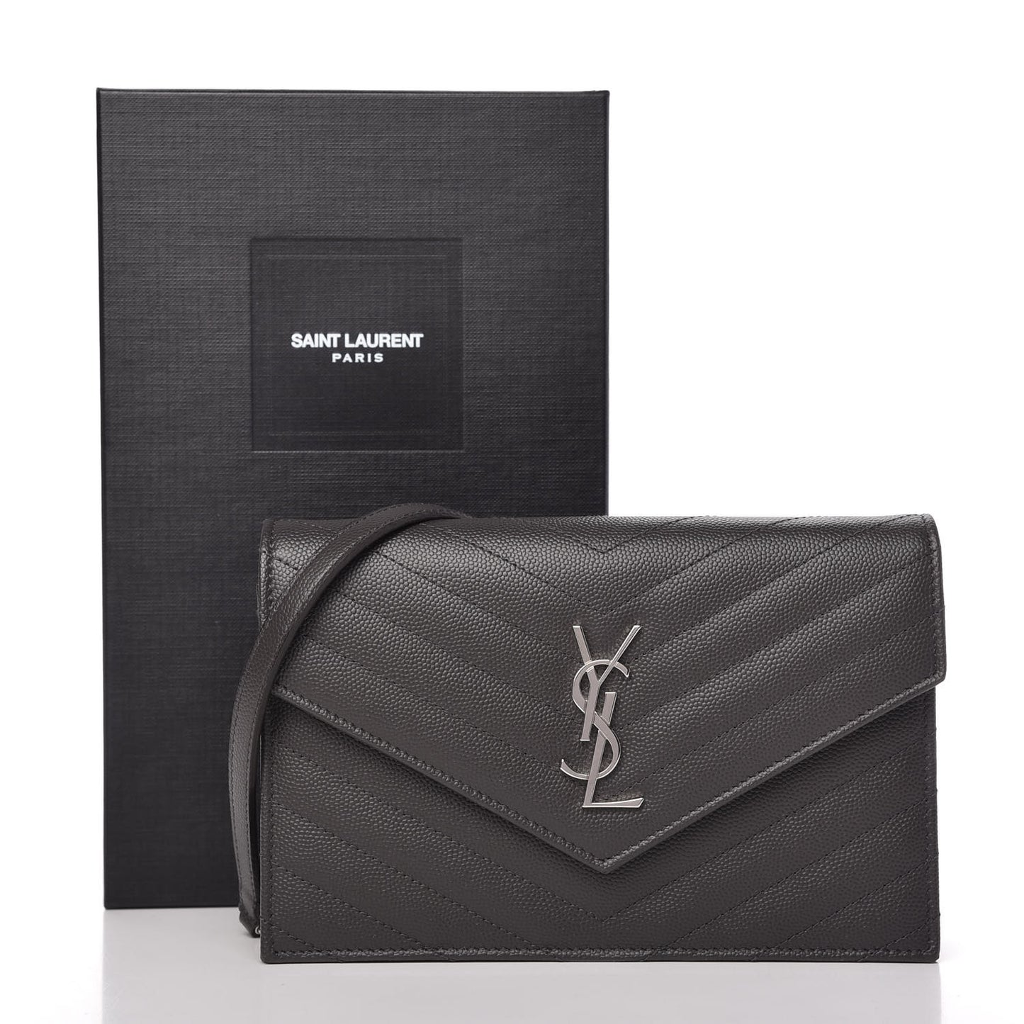 Grain De Poudre Matelasse Chevron Monogram Envelope Chain Wallet Dark Smog