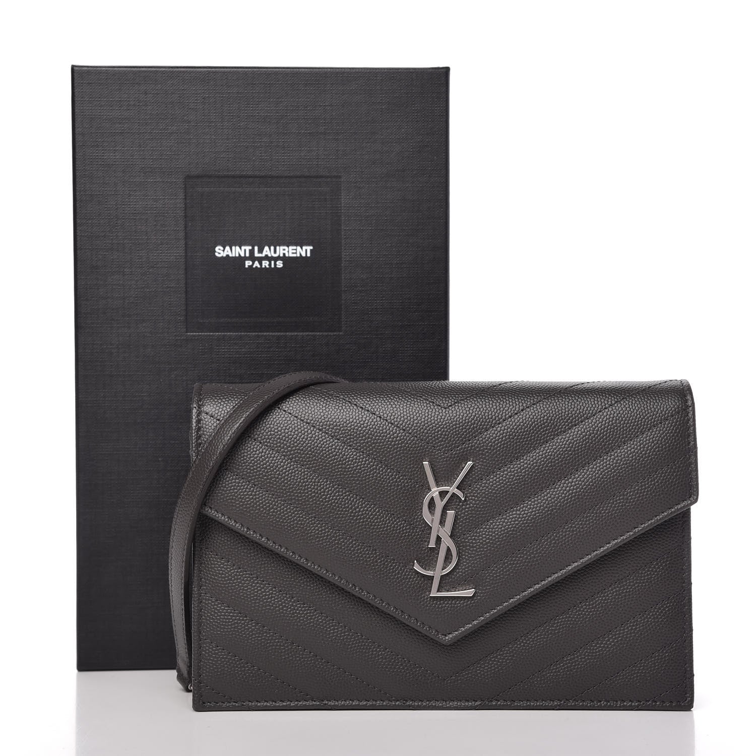 Saint Laurent Grain De Poudre Matelasse Chevron Monogram Envelope Chain Wallet Dark Smog 11 of 11