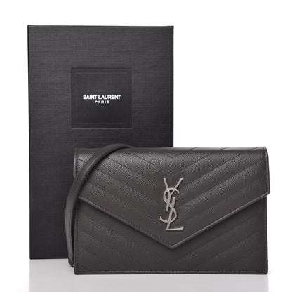 Saint Laurent Grain De Poudre Matelasse Chevron Monogram Envelope Chain Wallet Dark Smog 11 of 11